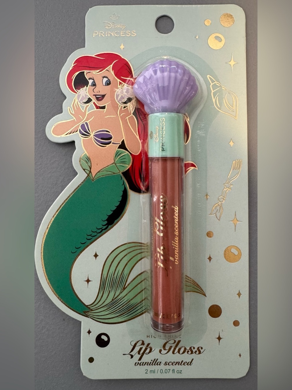 Disney Princess Ariel Shell Cap Lip Gloss vanilla scented Brownish Pink mermaid